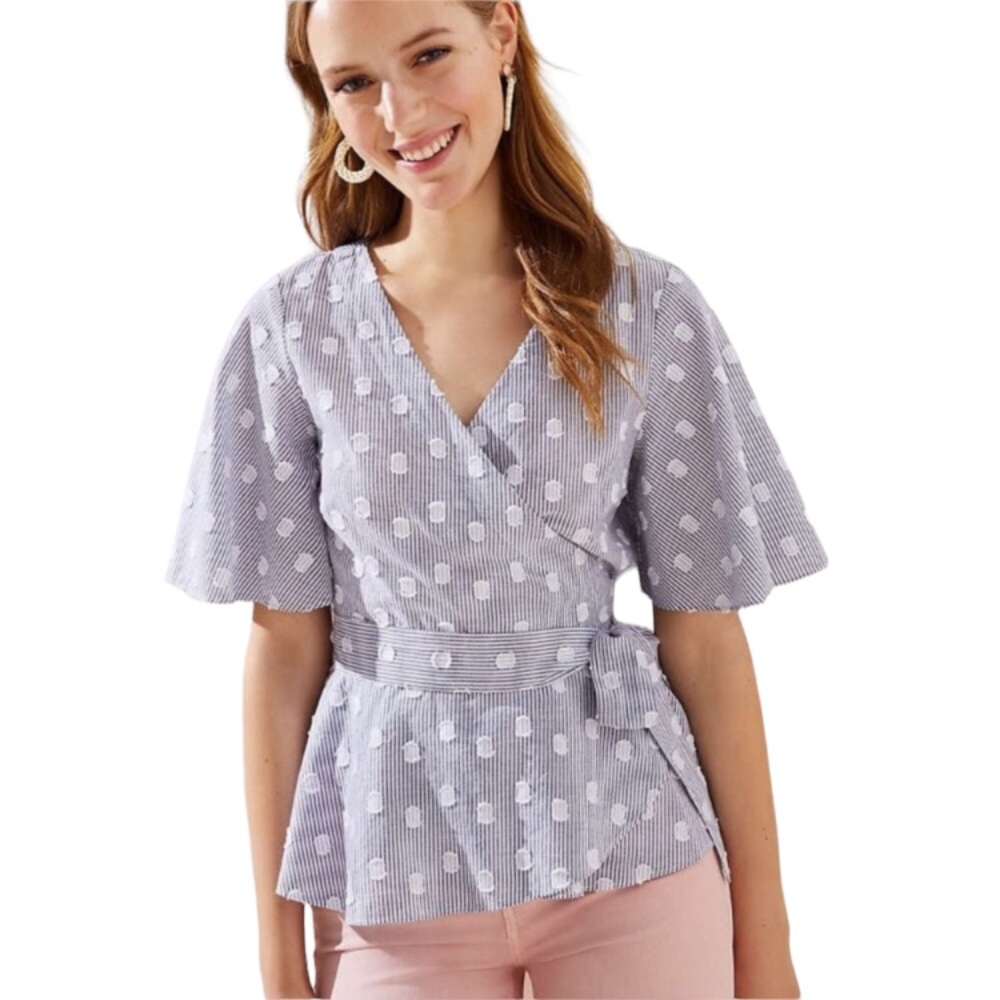 LOFT Blue & White Short Sleeve Wrap Blouse Size M